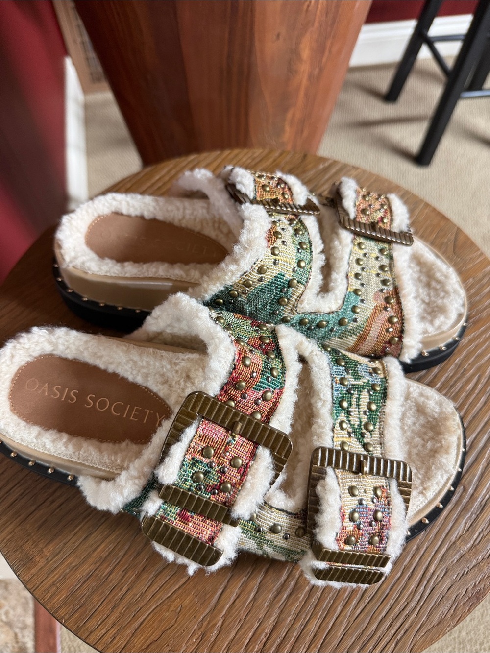 Oasis Society Multicolor Embroidered Sherpa Slide Sandals with Gold Buckles